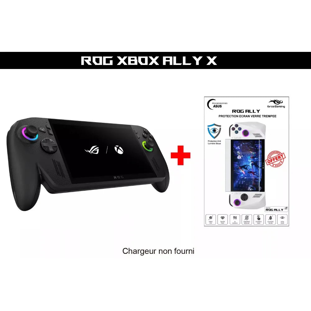 ROG Xbox Ally X – Console portable noire 120 Hz, VRR avec chargeur non fourni et protection écran en verre.