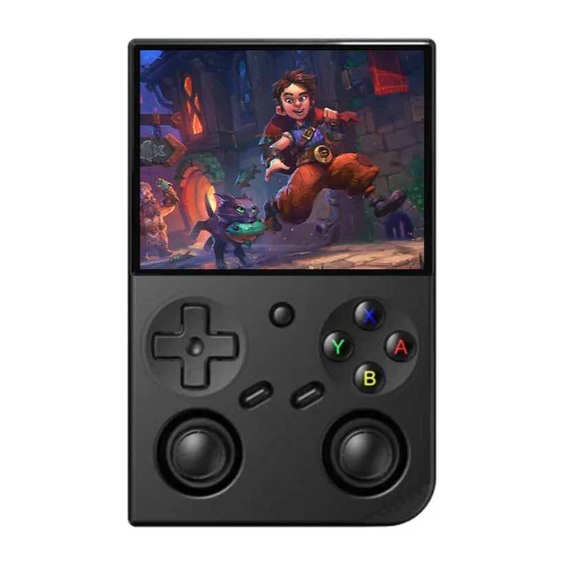 Console Anbernic RG35XX avec écran IPS et jeu coloré, design ergonomique pour une expérience de jeu portable immersive.