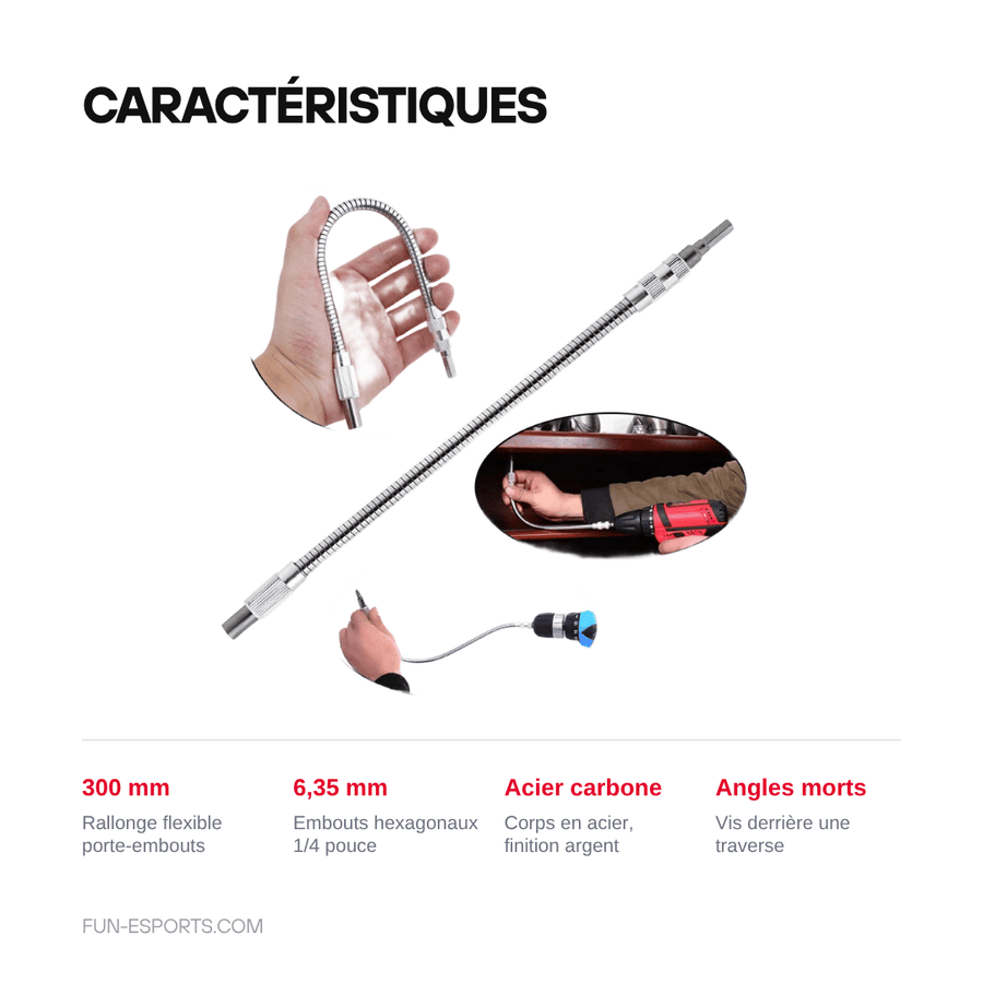Caractéristiques — Arbre flexible 300 mm pour embouts 6,35 mm — vissage en angle