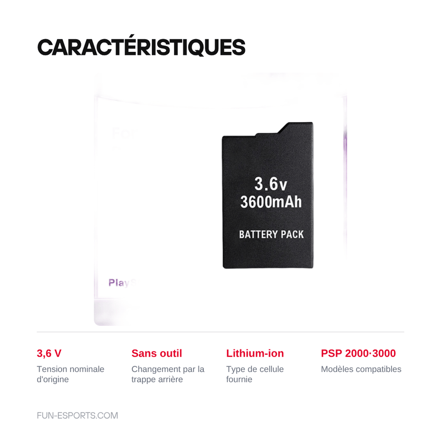 Caractéristiques — Batterie lithium 3,6 V pour PSP 2000 et PSP 3000 — remplacement