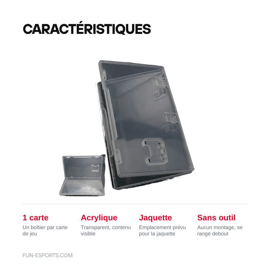 Caractéristiques — Boîtier acrylique pour carte de jeu Switch — jaquette visible