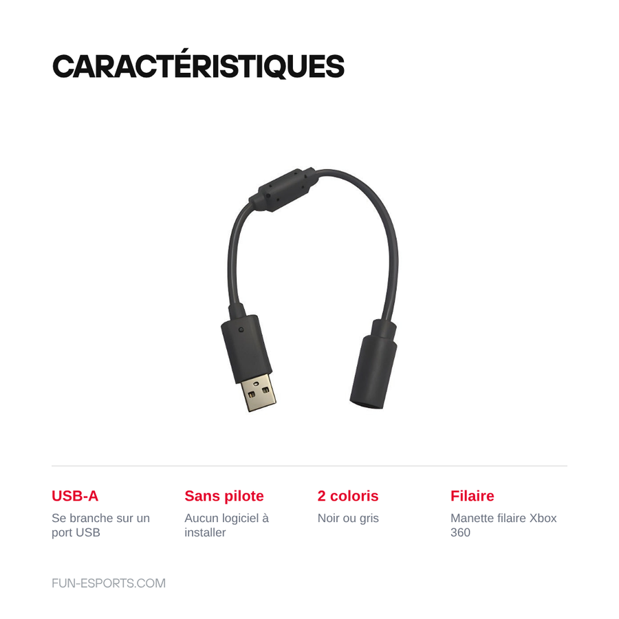 Caractéristiques du câble adaptateur Xbox 360 : connecteur USB-A, aucun pilote à installer, deux coloris et liaison filaire