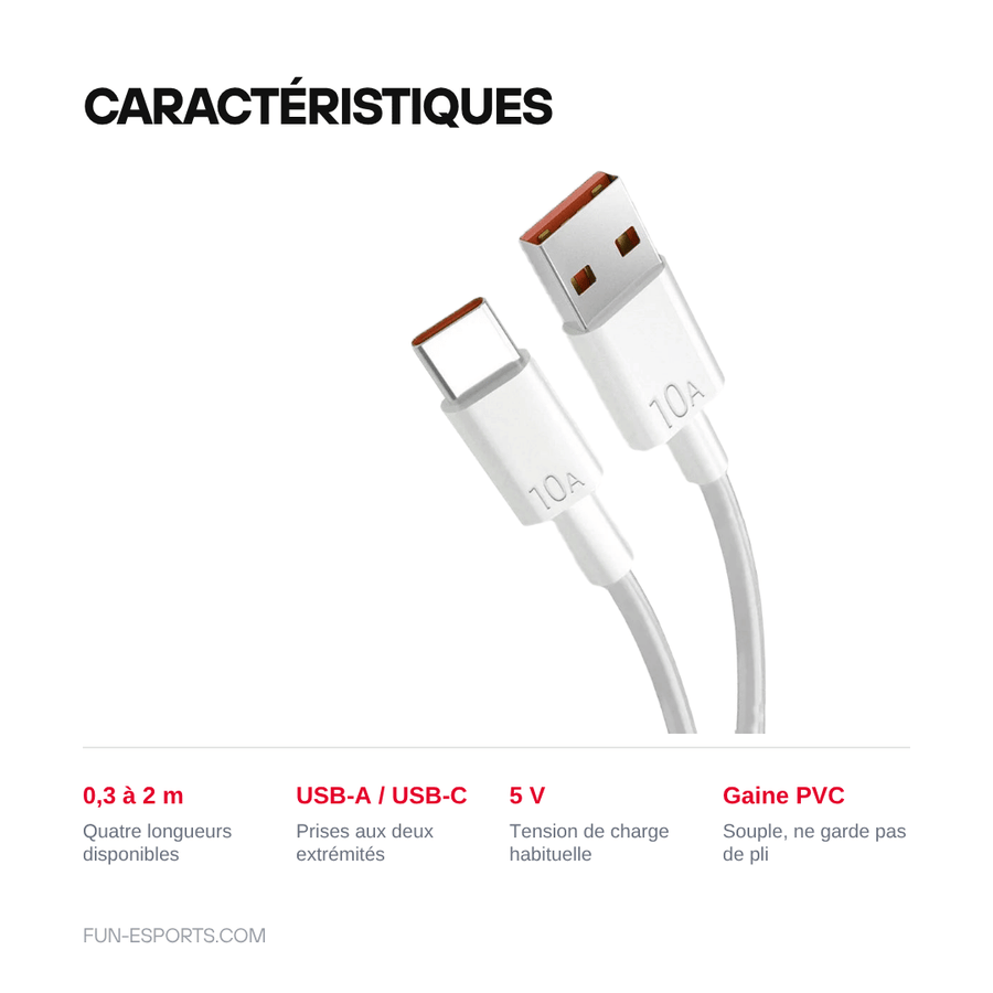 Caractéristiques — Câble de charge USB-A vers USB-C pour console rétro — 0,3 à 2 m