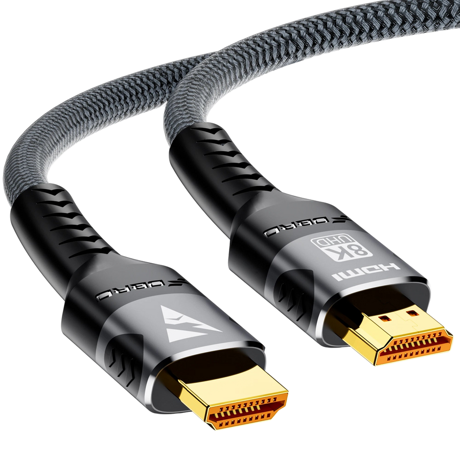 Câble HDMI 2.1 à gaine tressée enroulé, connecteurs plaqués or visibles