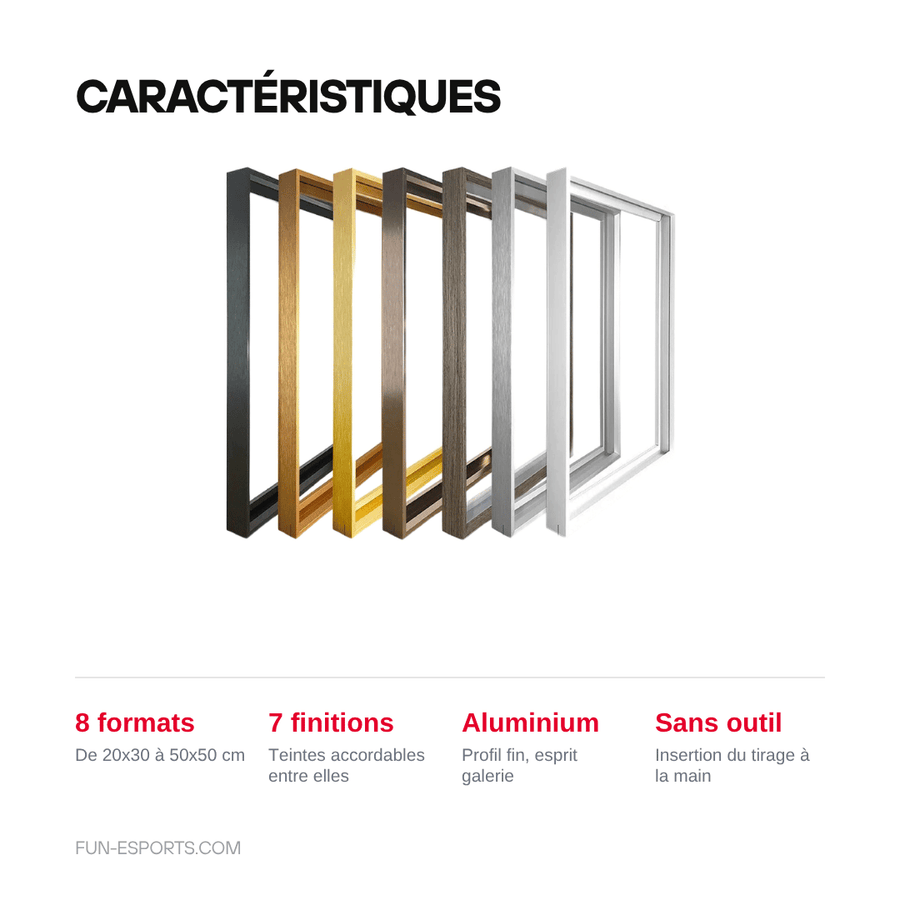 Caractéristiques — Cadre photo aluminium mural — 8 formats de 20x30 à 50x50 cm