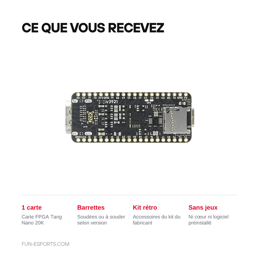 Ce que vous recevez — Carte FPGA Sipeed Tang Nano 20K — cœurs rétro open source en HDMI