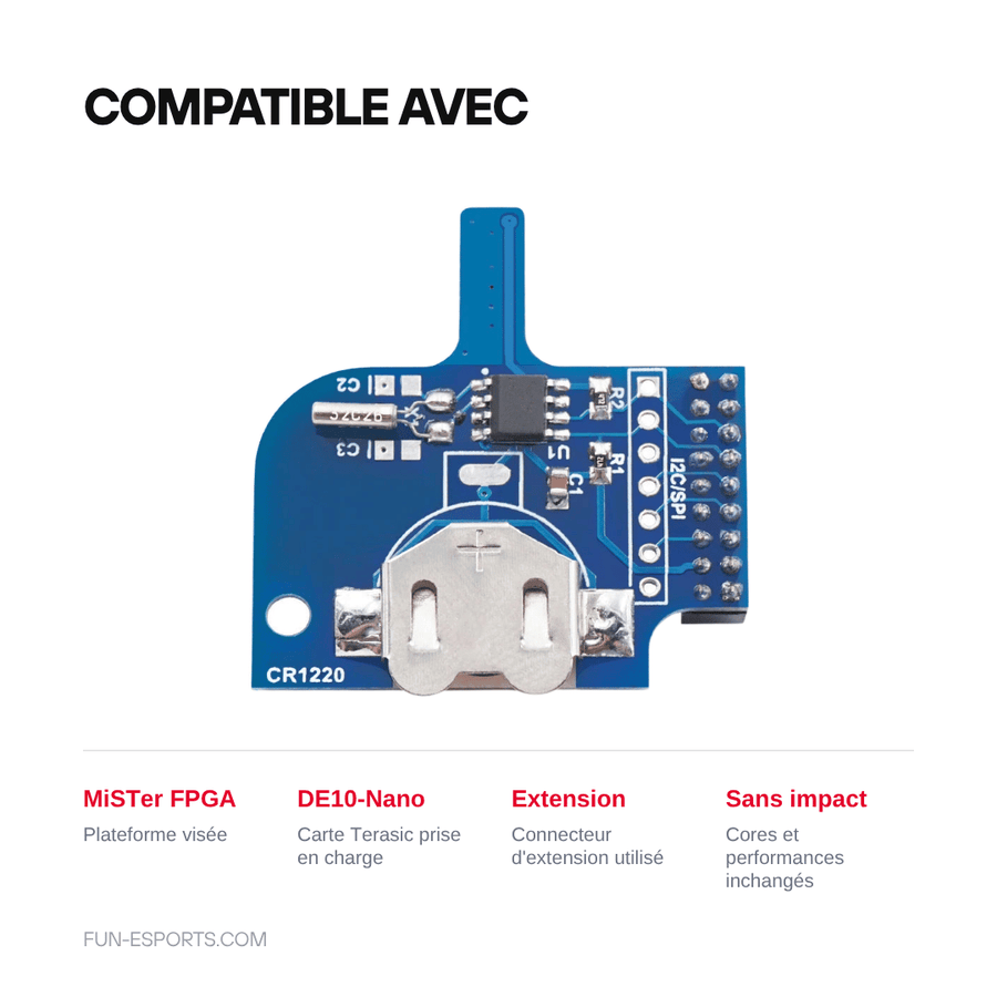 Compatible avec — Carte horloge temps réel RTC pour MiSTer FPGA — RetroScaler