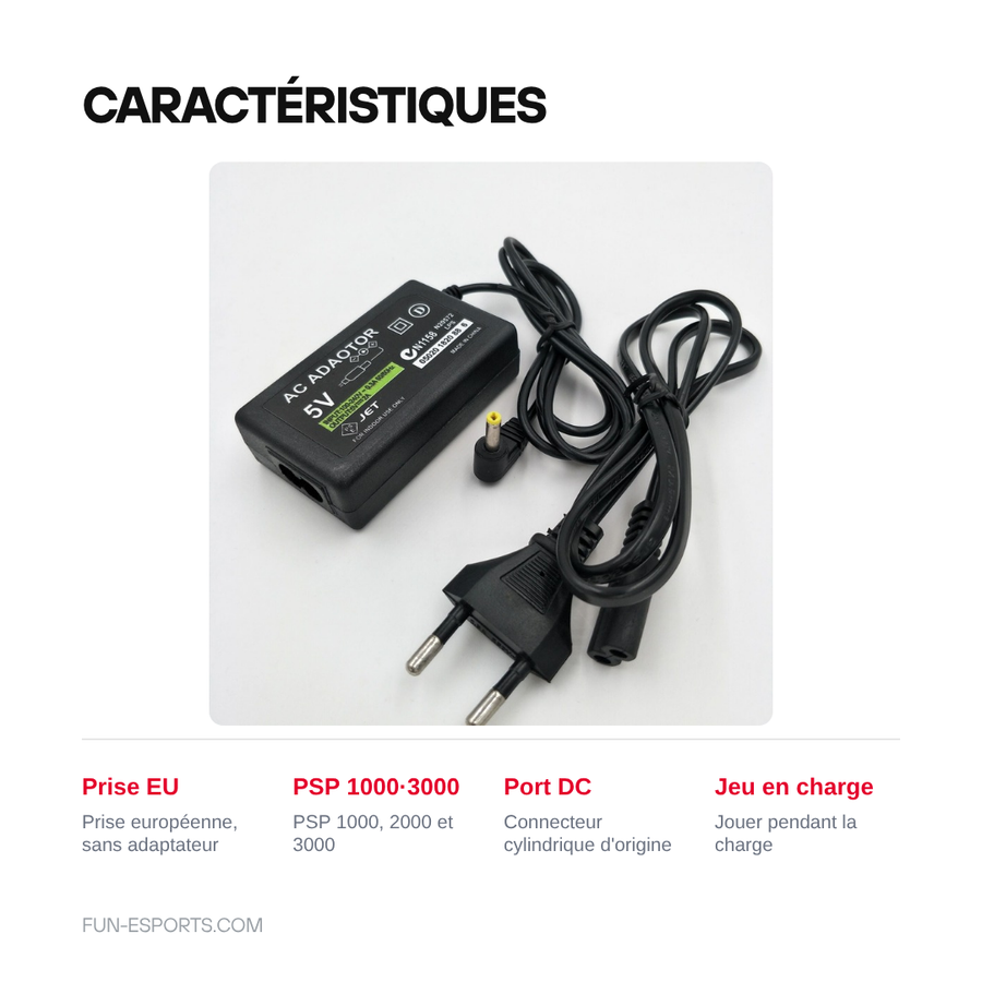 Caractéristiques du chargeur secteur PSP à prise européenne pour PSP 1000, 2000 et 3000