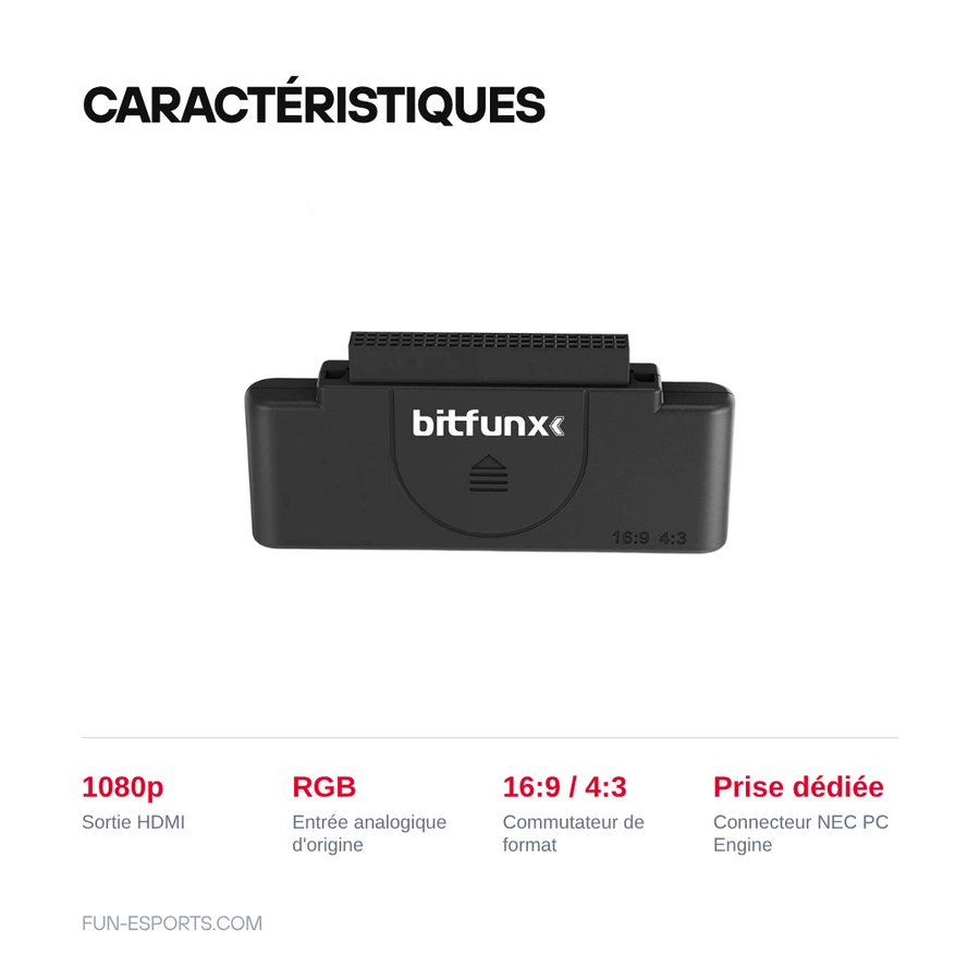 Caractéristiques — Convertisseur RGB vers HDMI 1080p PC Engine — BitFunx, switch 16:9 / 4:3