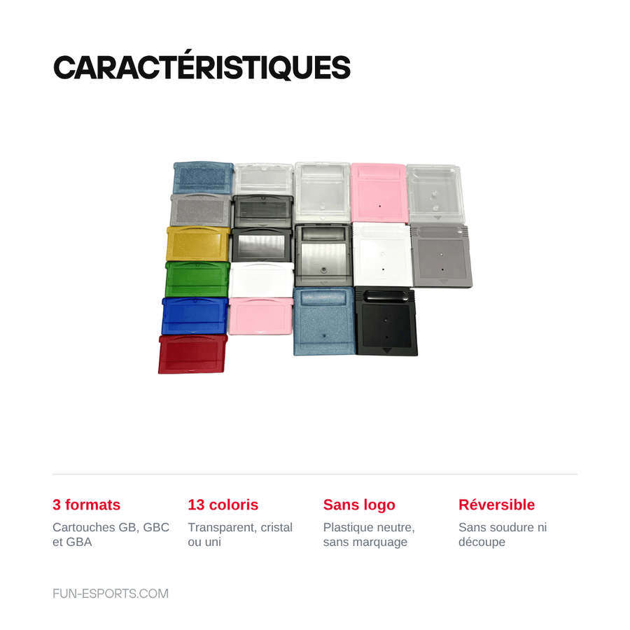 Caractéristiques — Coque de cartouche Game Boy, Color et Advance — remplacement sans logo