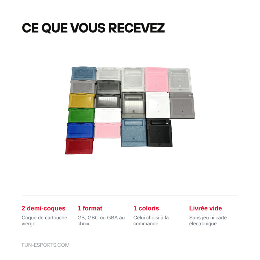 Ce que vous recevez — Coque de cartouche Game Boy, Color et Advance — remplacement sans logo