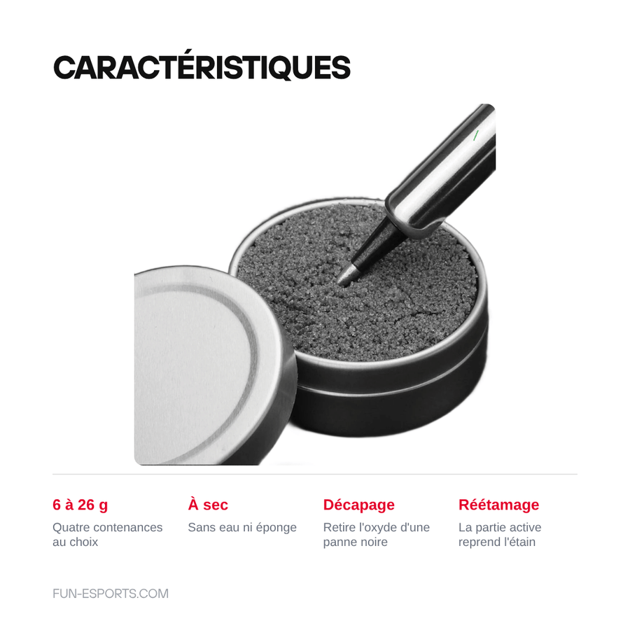 Caractéristiques — Crème de nettoyage et d'étamage de panne de fer à souder — 6 à 26 g