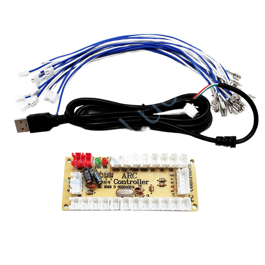 Carte encodeur USB pour arcade avec ses connecteurs et son faisceau de câbles colorés