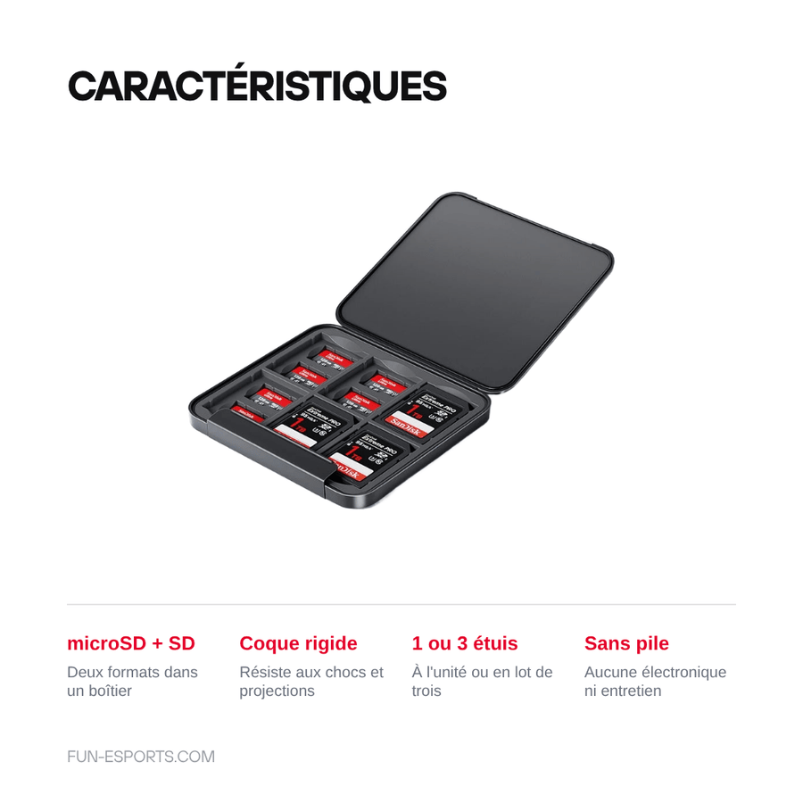 Caractéristiques — Étui de rangement pour cartes microSD et SD — étanche et antichoc