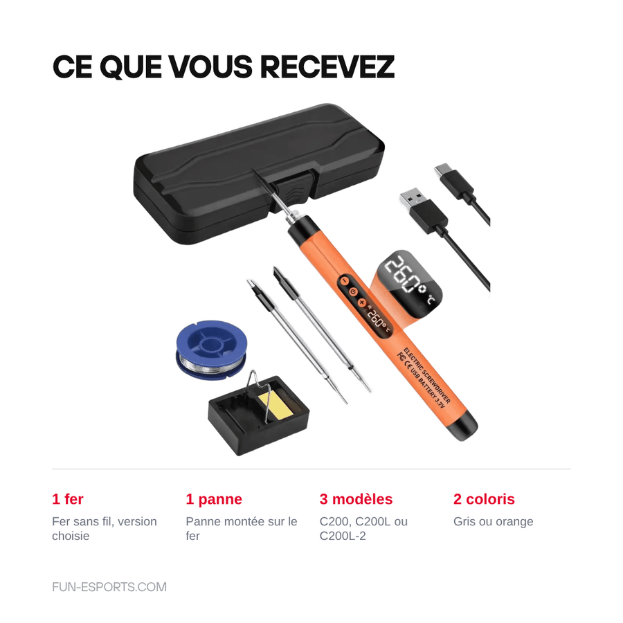 Ce que vous recevez — Fer à souder sans fil USB-C JCD C200 — réglable 300 à 450 °C
