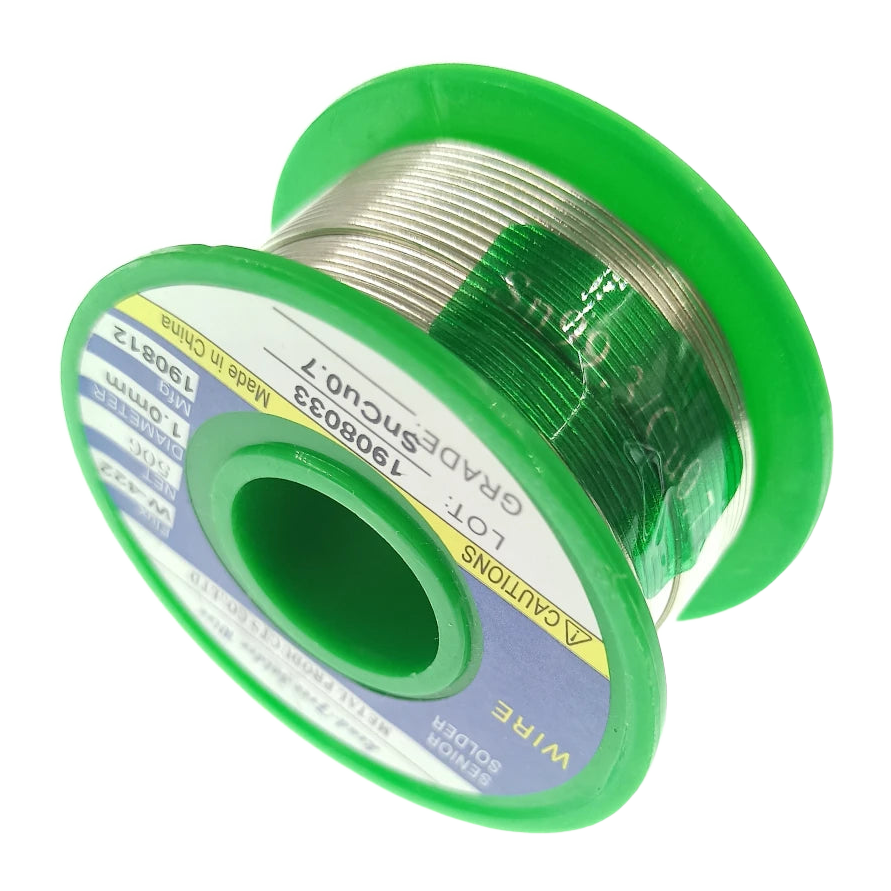 Petite bobine de 50 g de fil à souder sans plomb à âme décapante, enroulement serré vu de trois quarts