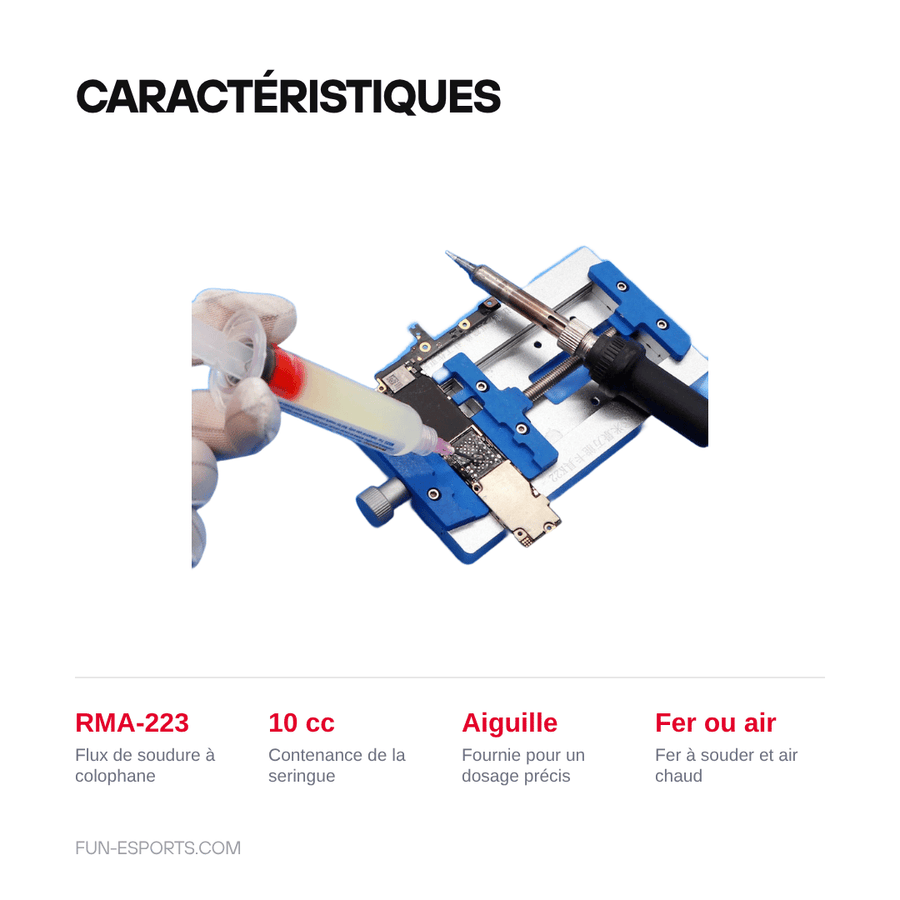 Caractéristiques — Flux de soudure RMA-223 en seringue 10 cc — avec aiguille