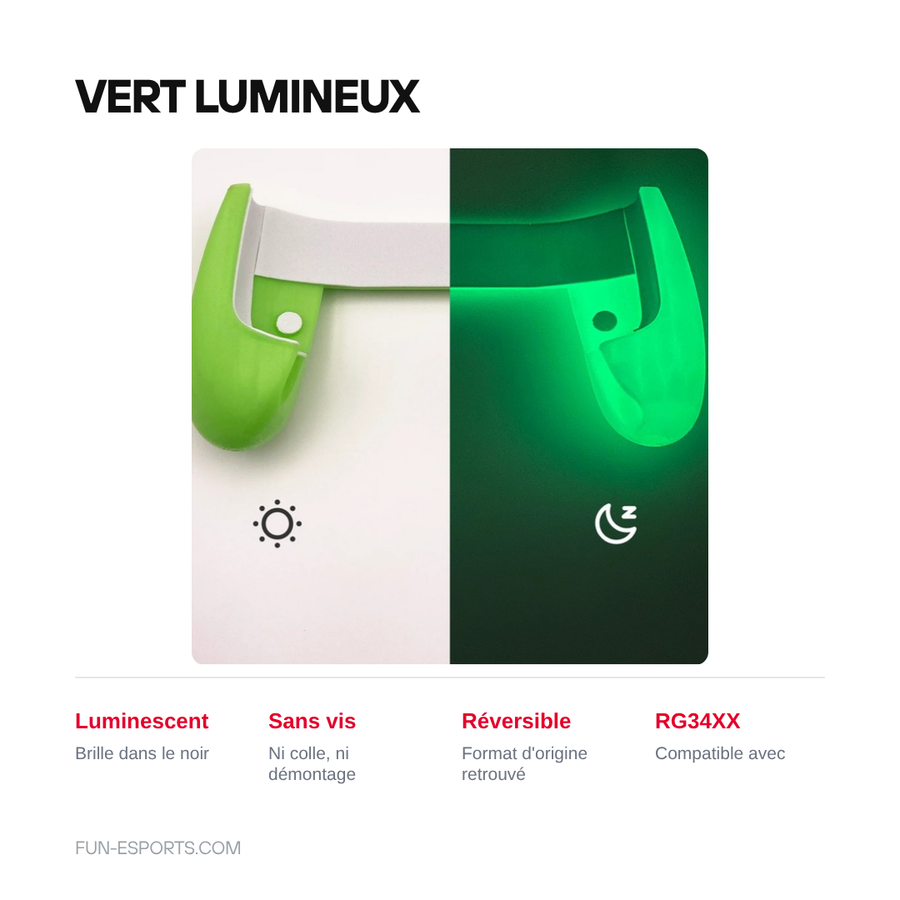 Grip 3D vert lumineux pour Anbernic RG34XX, vu de jour et dans l'obscurité