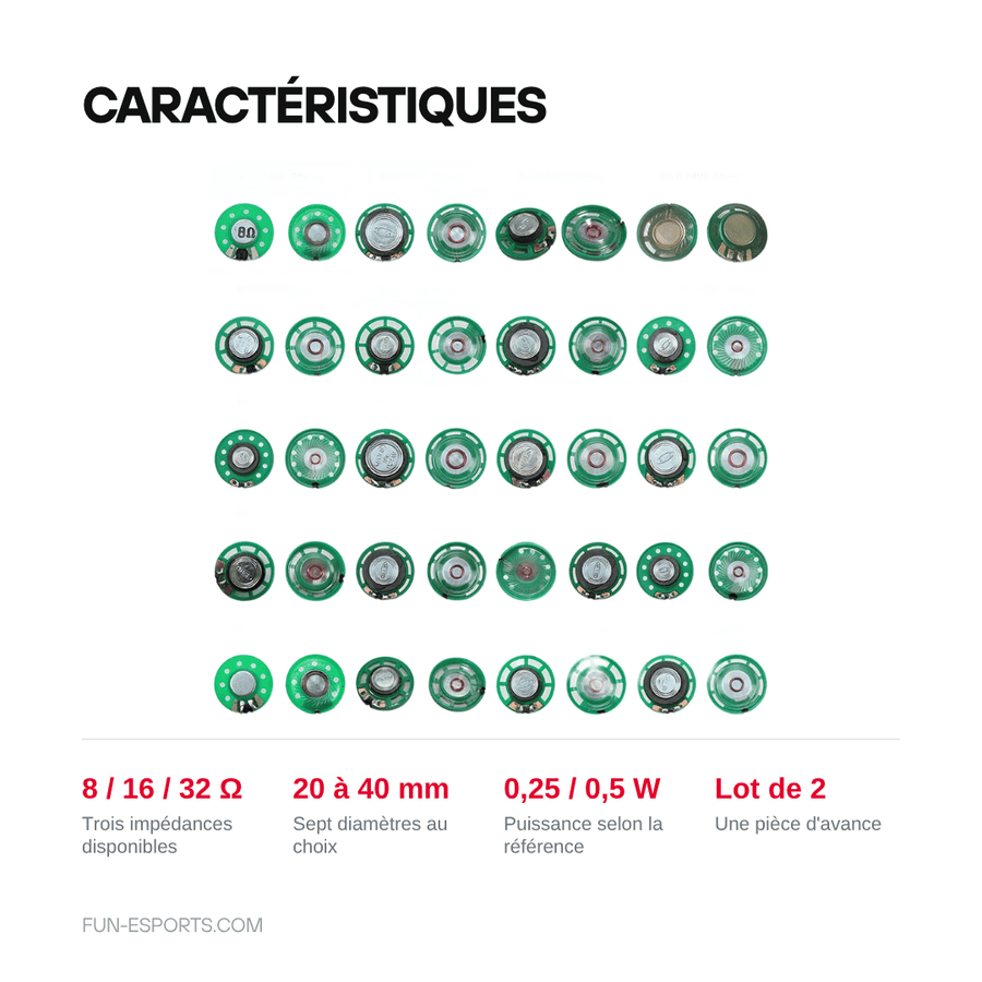 Caractéristiques — Haut-parleur de remplacement pour console rétro — 8/16/32 Ω, lot de 2