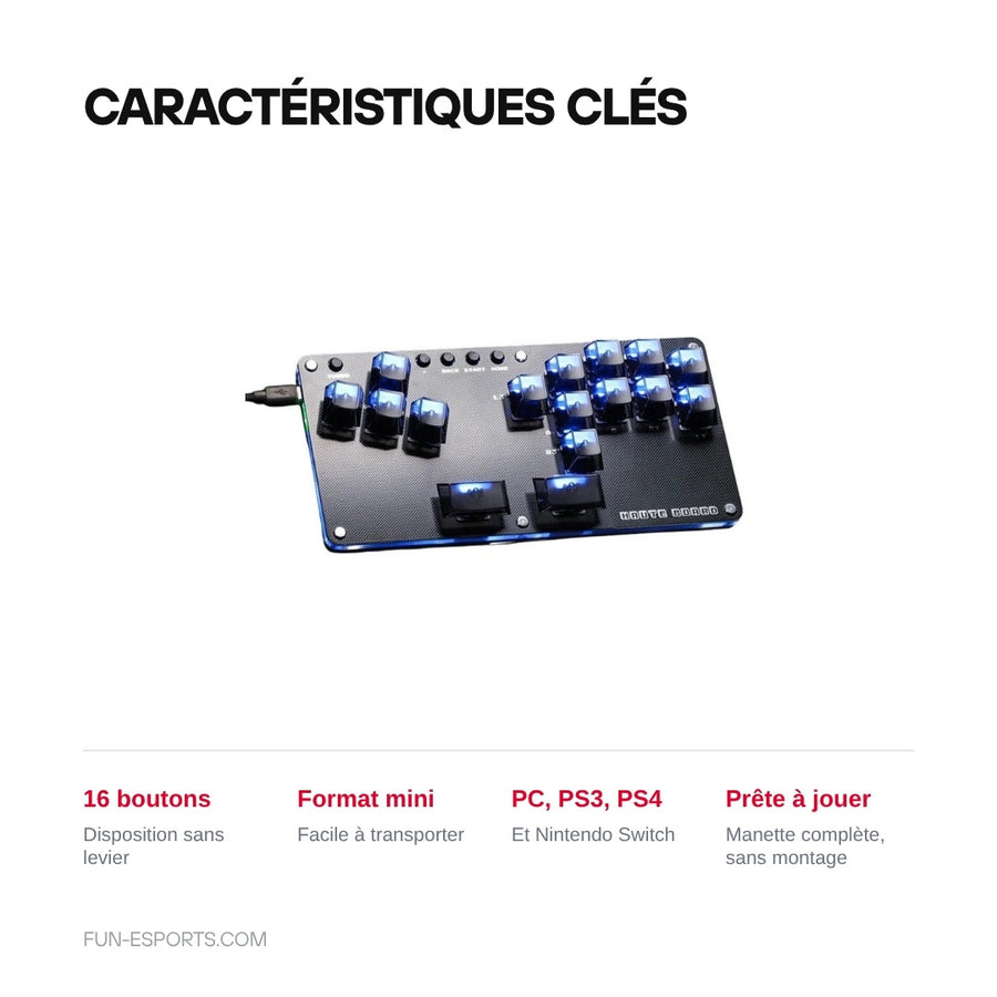 Caractéristiques de la hitbox mini Haute42 : 16 boutons sans levier, format mini, PC, PS3, PS4 et Switch, prête à jouer