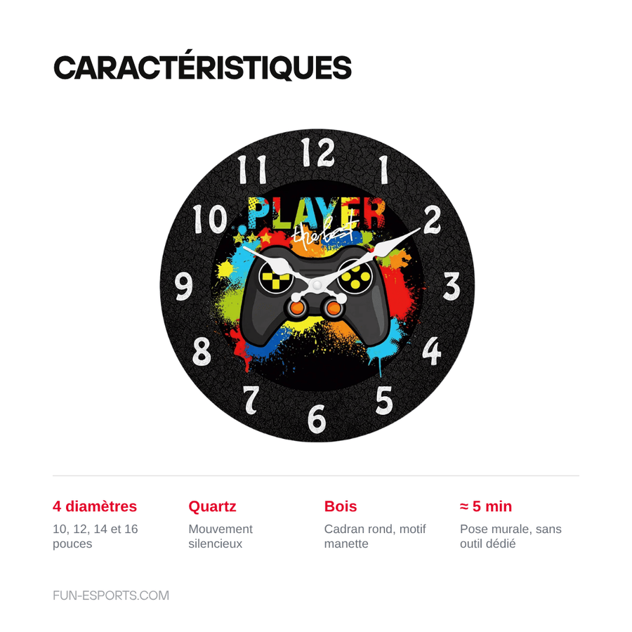 Caractéristiques — Horloge murale manette de jeu en bois — quartz silencieux