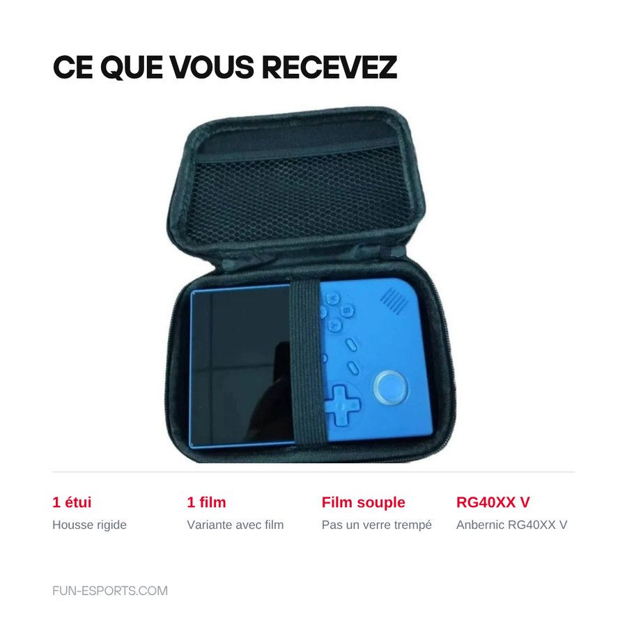 Contenu du kit de la housse Anbernic RG40XX V : un étui rigide et, sur la variante correspondante, un film écran souple qui n'est pas un verre trempé