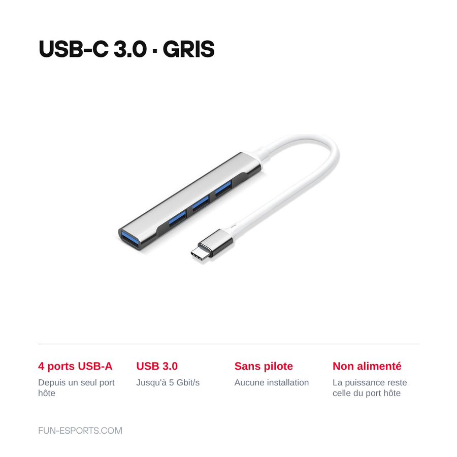 Hub USB 4 ports, version USB-C 3.0 coloris gris : 4 ports USB-A depuis un seul port hote, jusqu'a 5 Gbit/s, sans pilote, non alimente