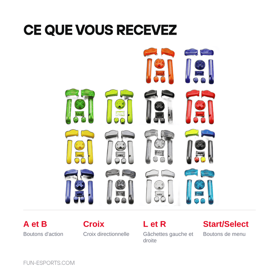 Ce que vous recevez — Jeu de boutons Game Boy Advance — A/B, croix, L/R, 15 coloris