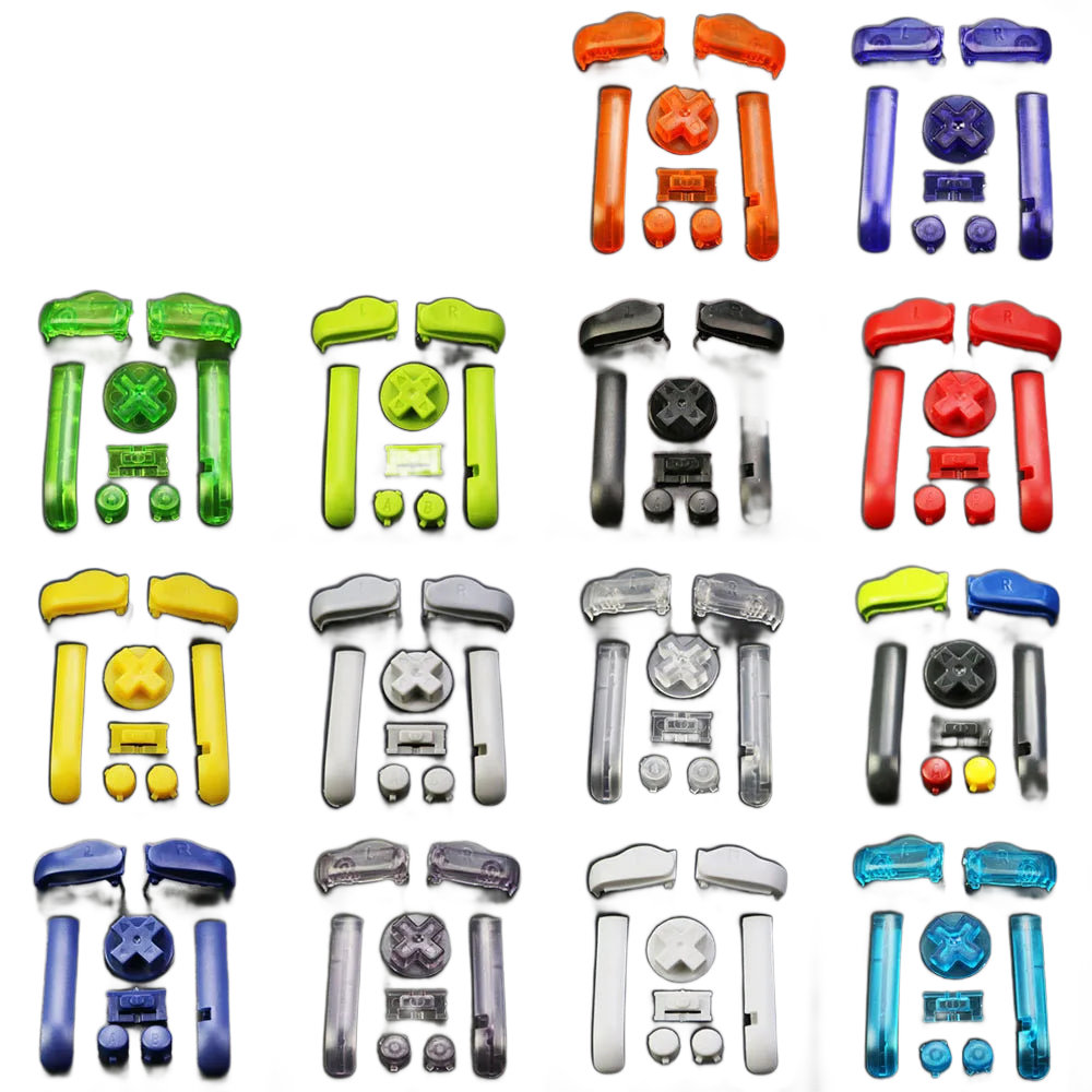 Jeu de boutons de rechange pour Game Boy Advance disposés à plat : A, B, croix directionnelle et gâchettes
