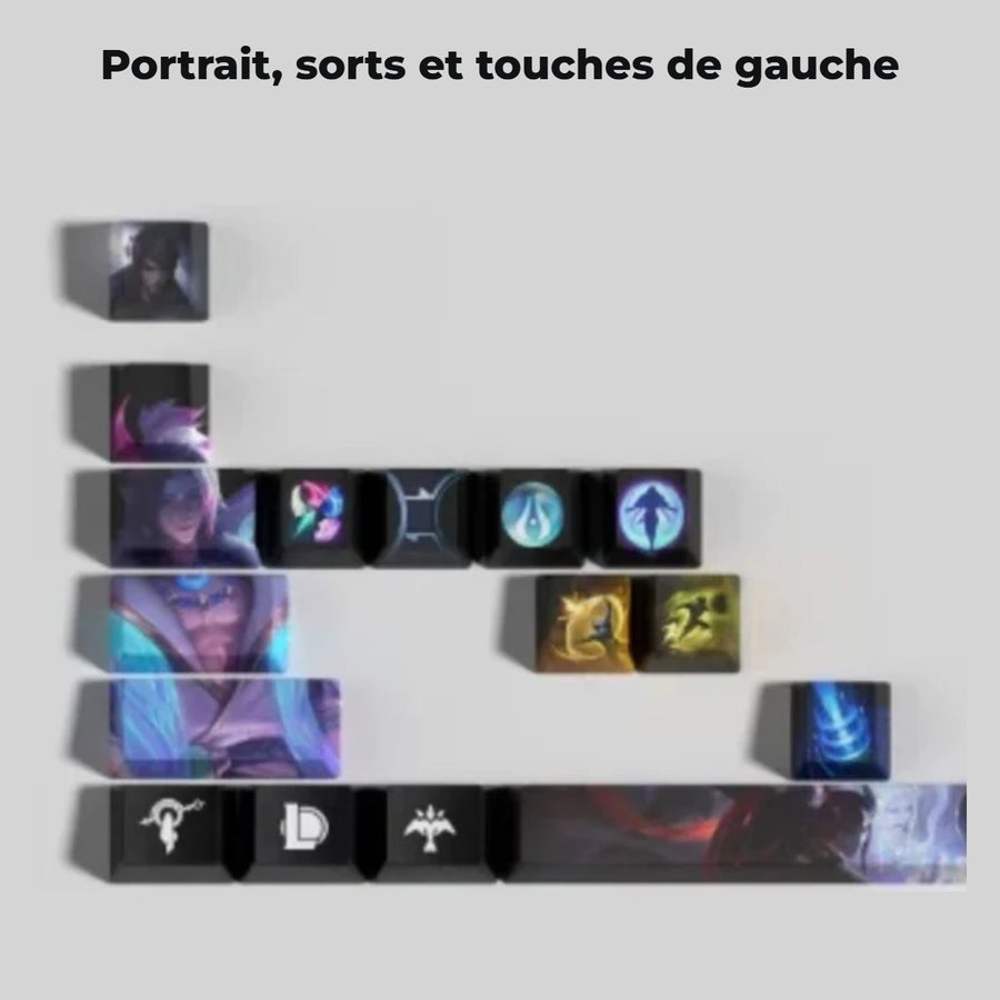 Keycaps Aphelios League of Legends — détail : portrait, sorts et touches de gauche