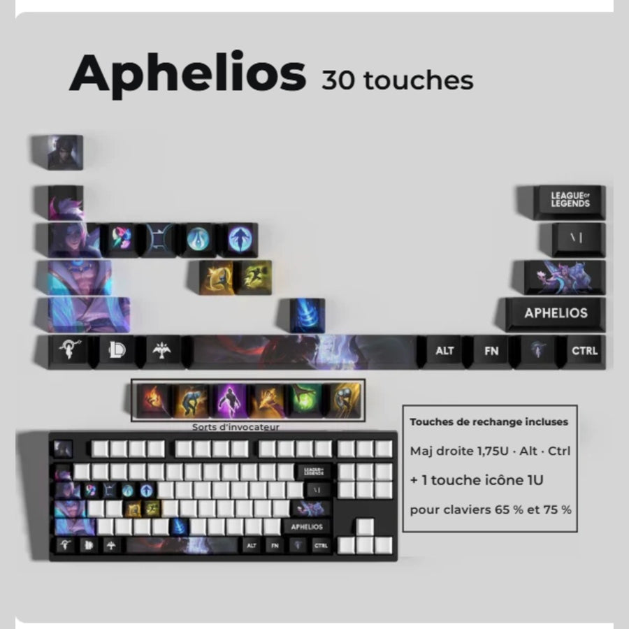 Keycaps Aphelios League of Legends — set de 30 touches avec touches de rechange