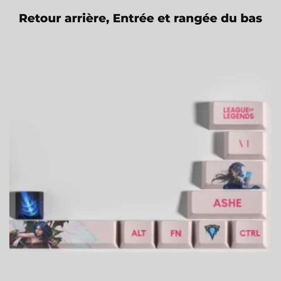 Keycaps Ashe League of Legends — détail : Retour arrière, Entrée et rangée du bas
