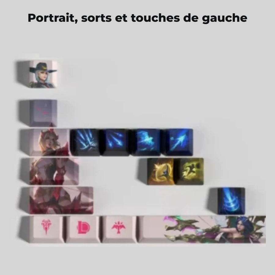 Keycaps Ashe League of Legends — détail : portrait, sorts et touches de gauche