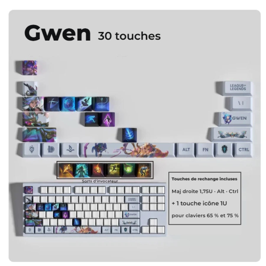 Gwen League of Legends keycaps — 30-key set with spare keys