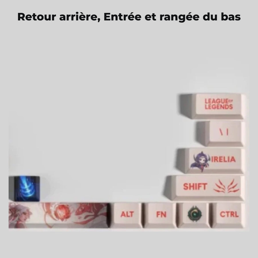 Keycaps Irelia League of Legends — détail : Retour arrière, Entrée et rangée du bas