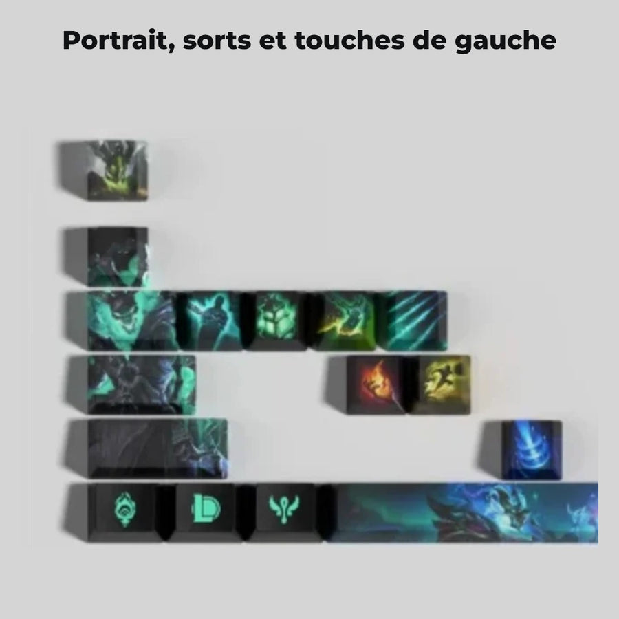 Thresh League of Legends keycaps — detail: portrait, spells and left-hand keys