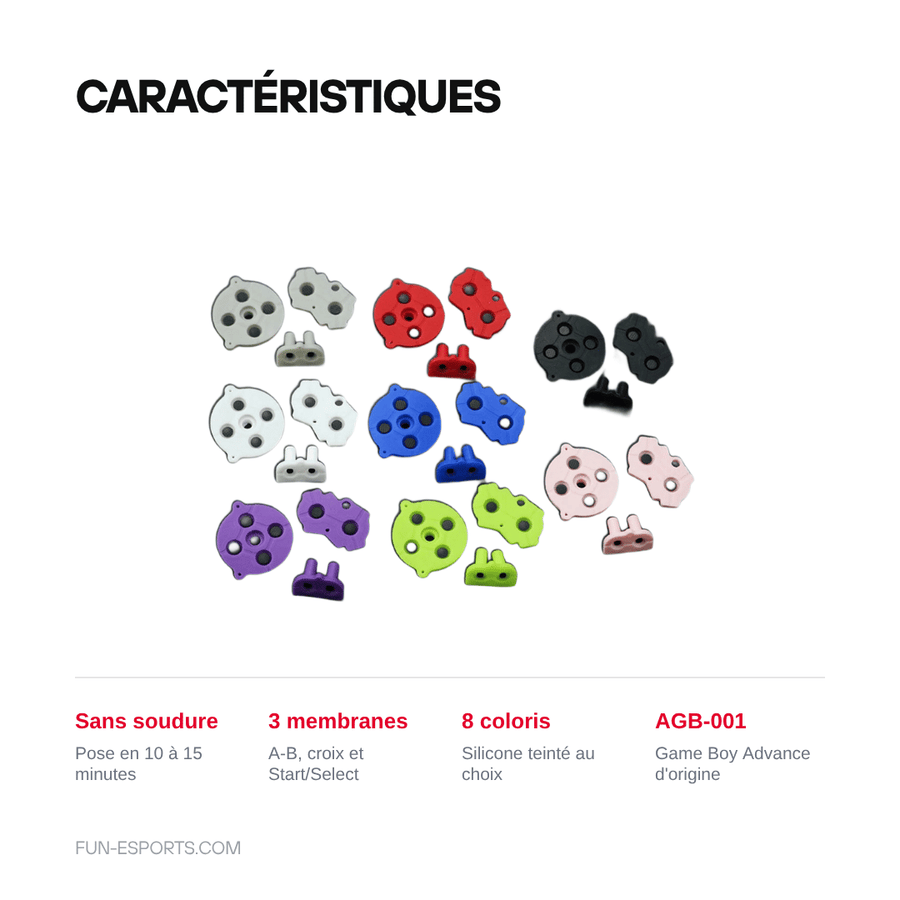 Caractéristiques — Kit caoutchoucs conducteurs Game Boy Advance — A-B, croix, Start