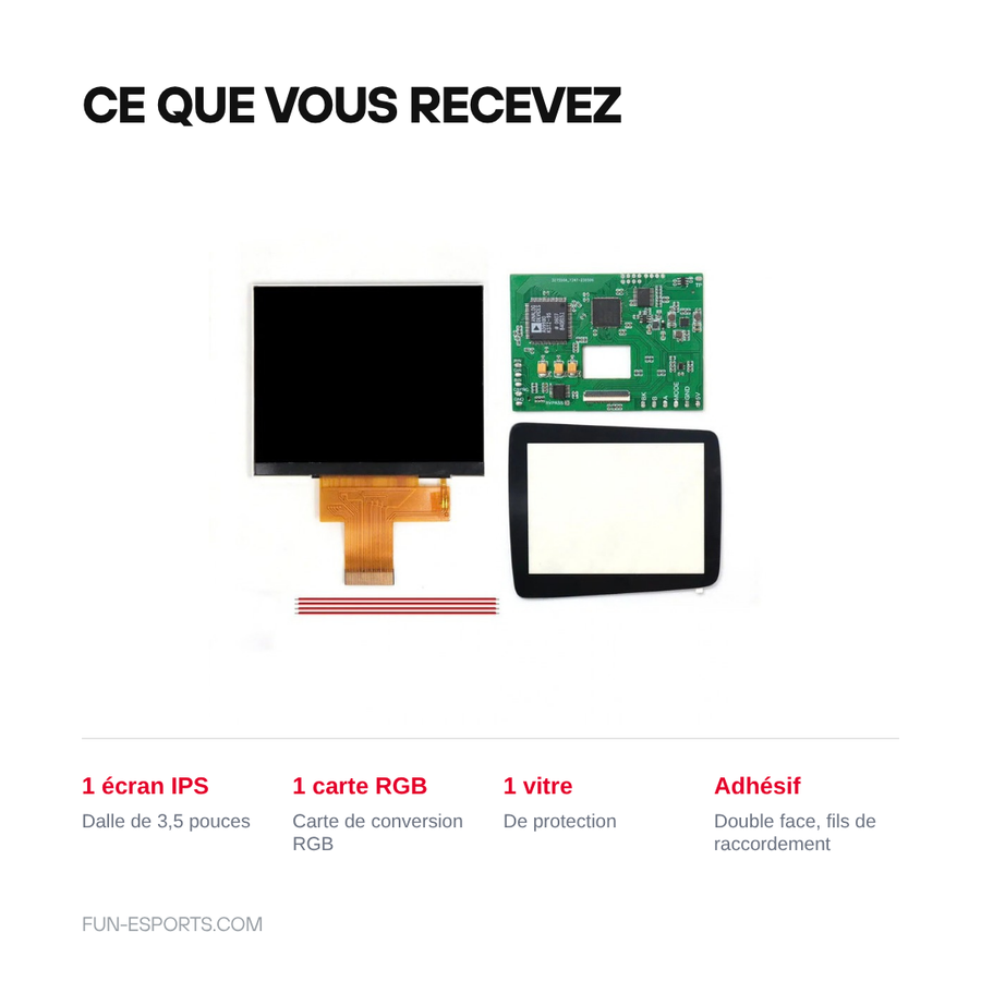 Contenu du kit écran IPS pour Nomad : écran 3,5 pouces, carte de conversion RGB, vitre de protection, adhésif et fils