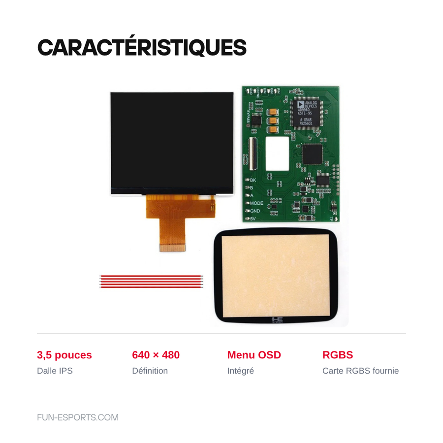 Caractéristiques du kit écran IPS Hispeedido pour PC Engine GT : dalle 3,5 pouces, 640 × 480, menu OSD, carte RGBS