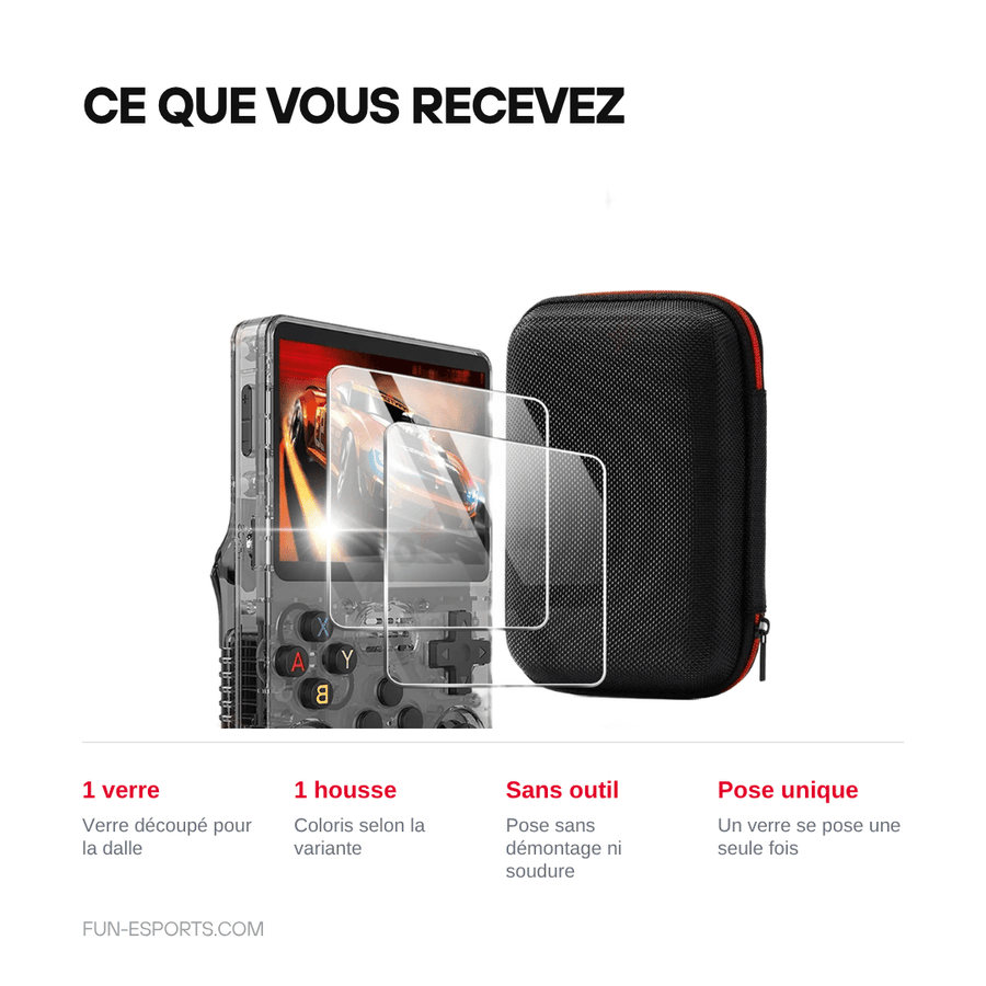 Ce que vous recevez — Kit protection R36S et R35S — verre trempé et housse de transport