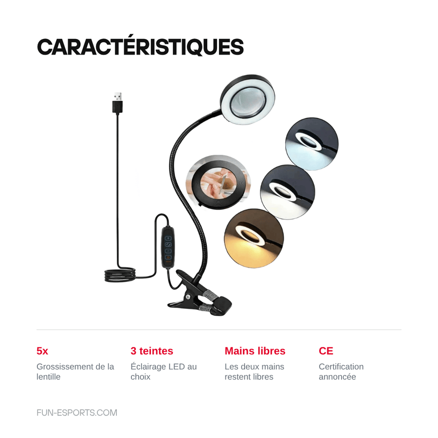 Caractéristiques — Lampe loupe LED 5x pour établi — 3 teintes, soudure et modding