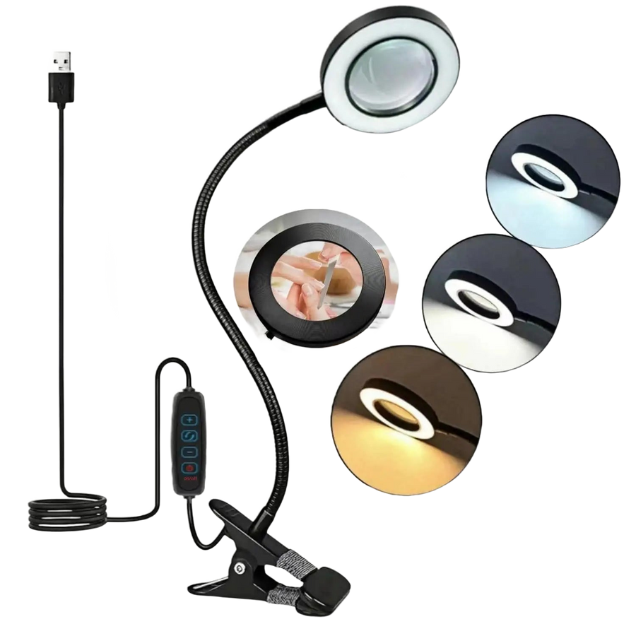 Lampe loupe d'établi à bras articulé, lentille grossissante cerclée d'un anneau LED et pince de fixation
