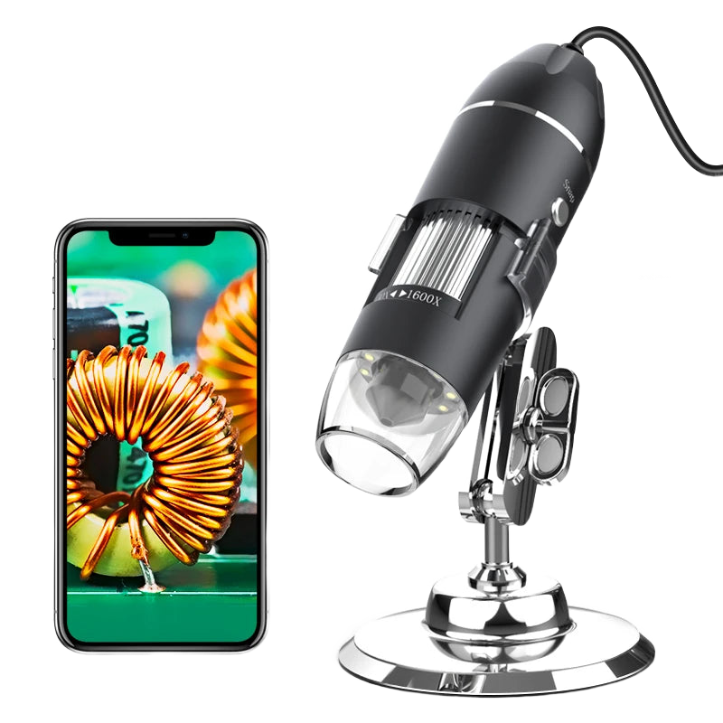 Microscope numérique USB sur pied métallique, couronne de huit LED autour de l objectif