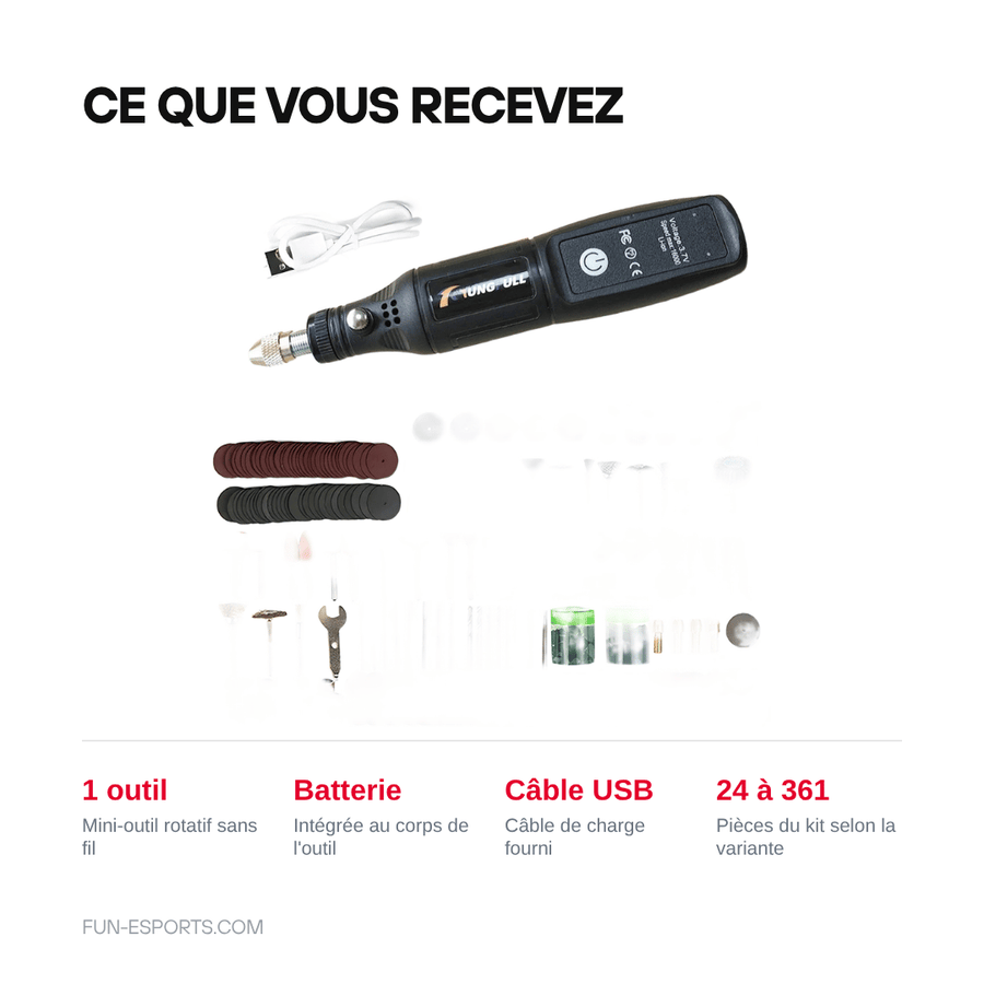 Ce que vous recevez — Mini-outil rotatif sans fil 3,6 V — découpe de coques et ponçage
