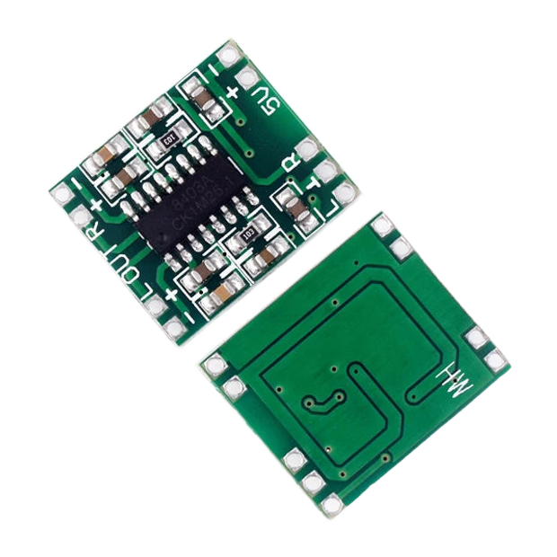 Petite carte amplificateur audio bleue avec potentiomètre et borniers à vis, vue de dessus