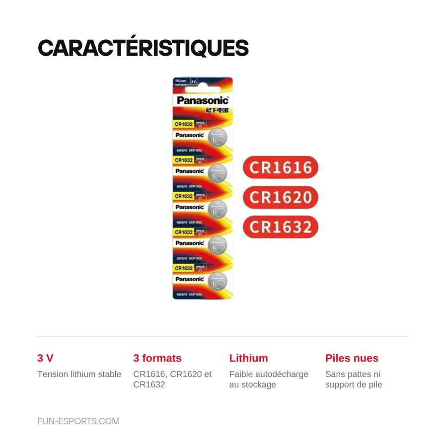 Caractéristiques — Piles bouton lithium 3 V CR1616, CR1620, CR1632 — sauvegardes rétro