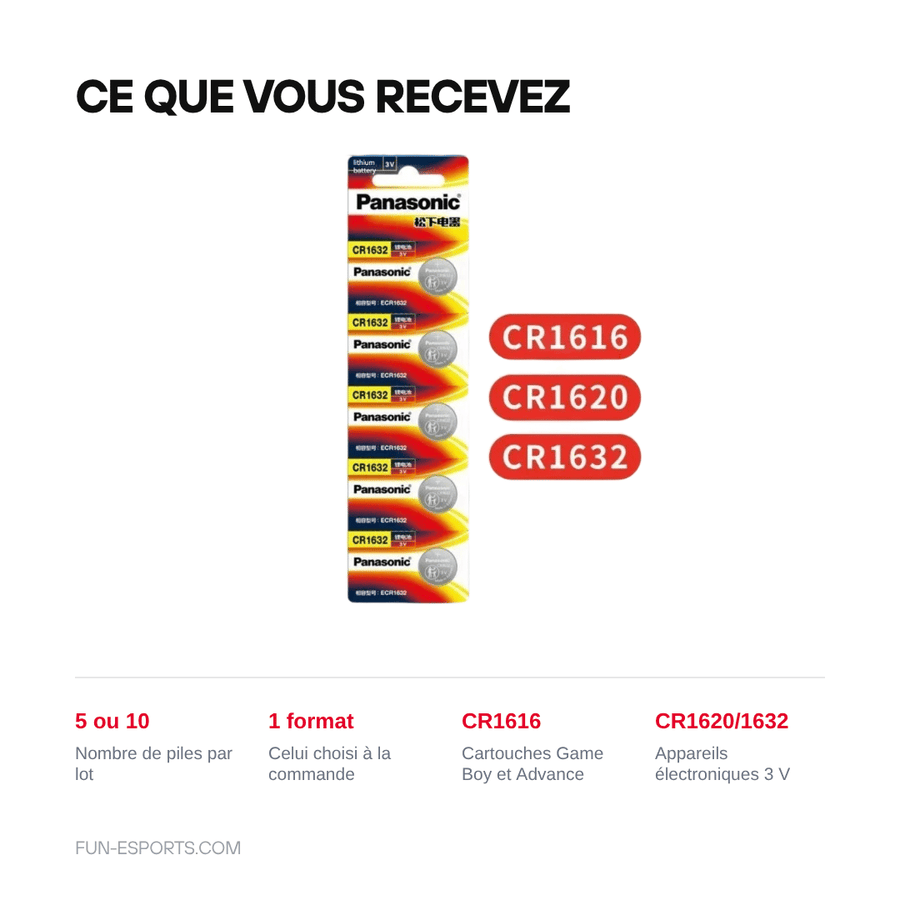 Ce que vous recevez — Piles bouton lithium 3 V CR1616, CR1620, CR1632 — sauvegardes rétro