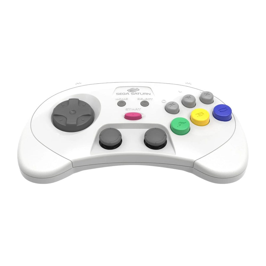 Manette sans fil Retro-Bit Pro 2,4 GHz style Saturn, coloris blanc, vue de trois quarts
