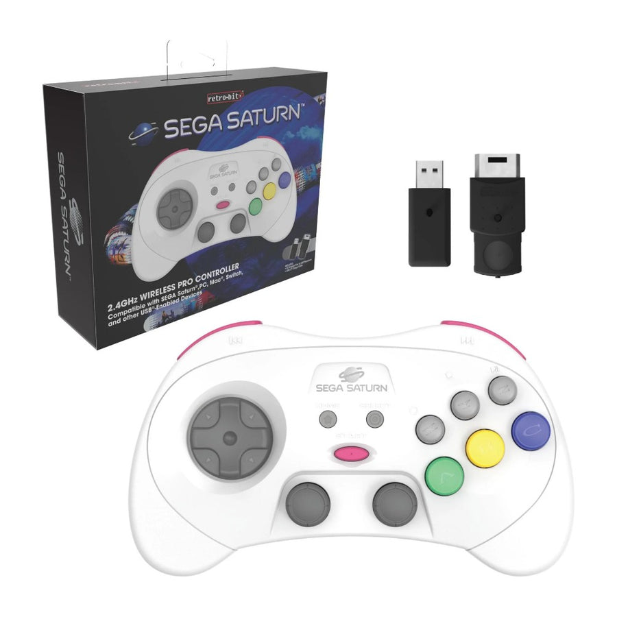 Manette sans fil Retro-Bit Pro 2,4 GHz style Saturn, coloris blanc, avec sa boîte