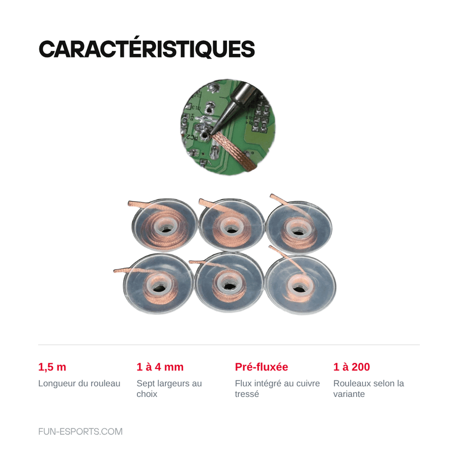 Caractéristiques — Tresse à dessouder cuivre pré-fluxée 1,5 m — largeurs 1 à 4 mm